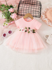 Floral Embroidery Short Sleeve Mesh Dress for Baby Girl