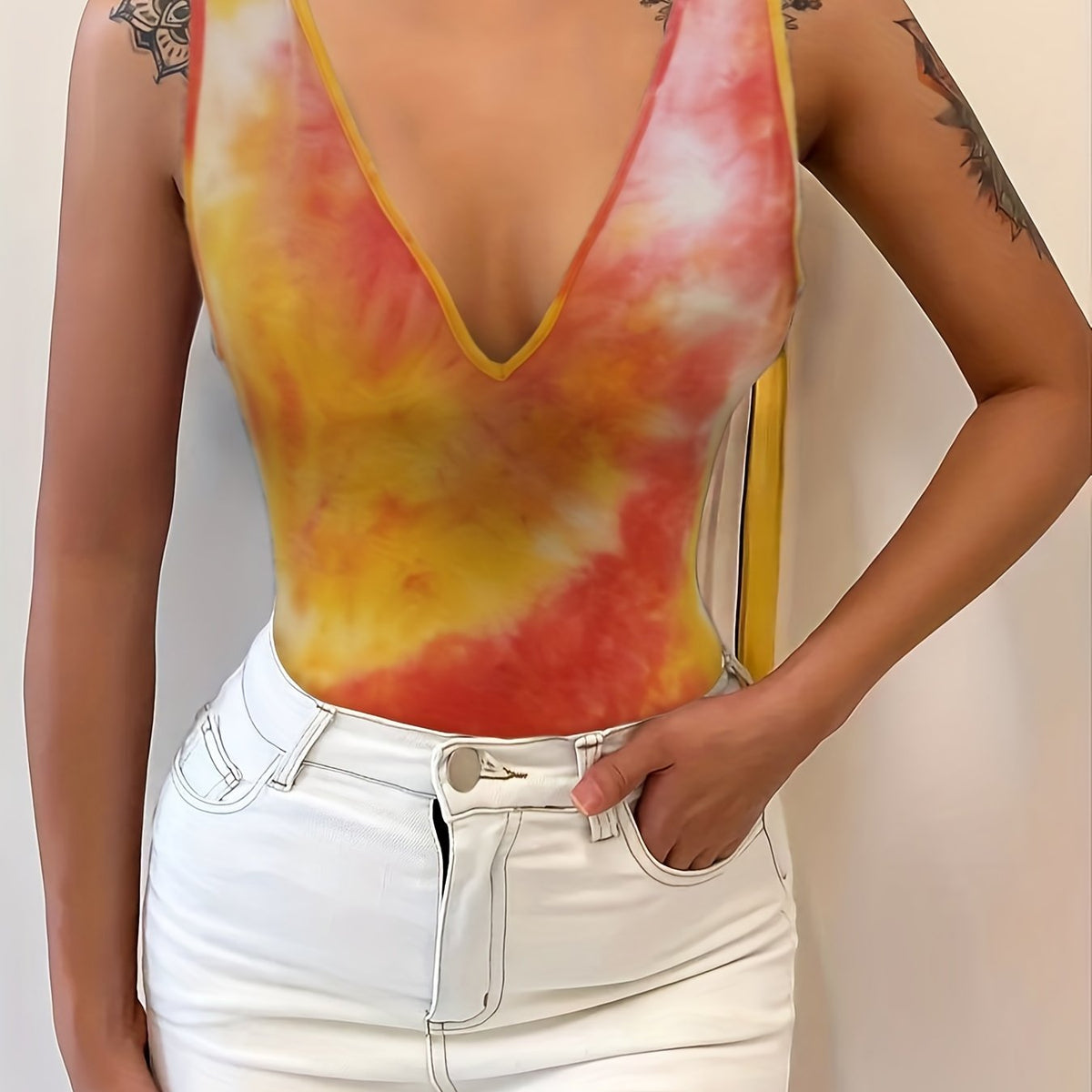 Tie Dye Plunging Neck Tank Top Casual Sleeveless Summer Women's Clothing