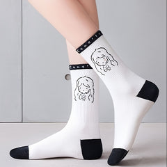 5 Pairs Cartoon Print Socks Women's Stockings Comfy & Mid Tube Hosiery