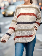  Casual Stripe Print Long Sleeve Round Neck Tunic Jumper
