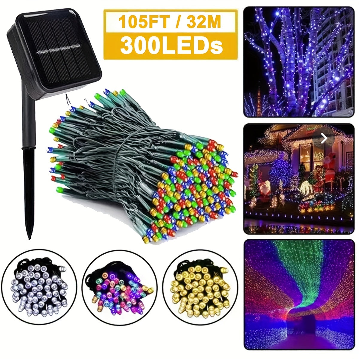 300 LEDs Solar String Lights Outdoor 8 Modes Waterproof Xmas Tree Lights