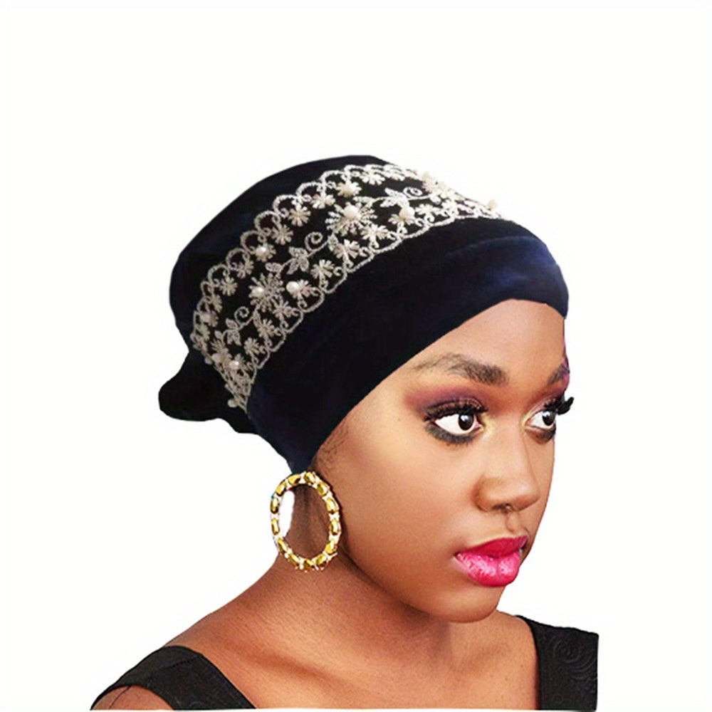 Velvet Lace Turban Cap Faux Pearl Head Wrap