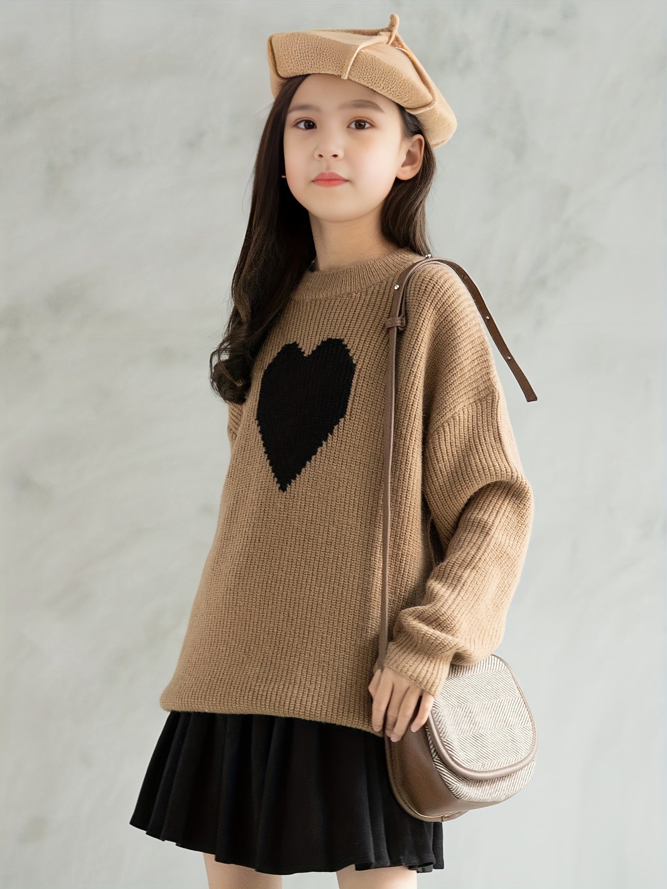 Girls Heart Graphic Knitted Sweater Long Sleeve Casual Top