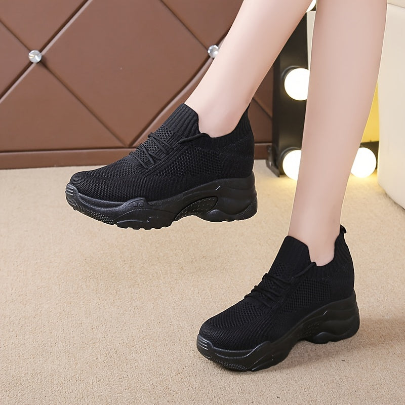 Women's Knit Platform Sneakers Breathable Lace Up Outdoor Shoes Lightweight