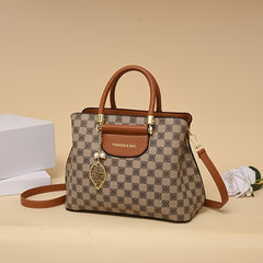 Plaid Satchel Bag Metal Leaf Decor Handbag Zipper Shoulder Purse