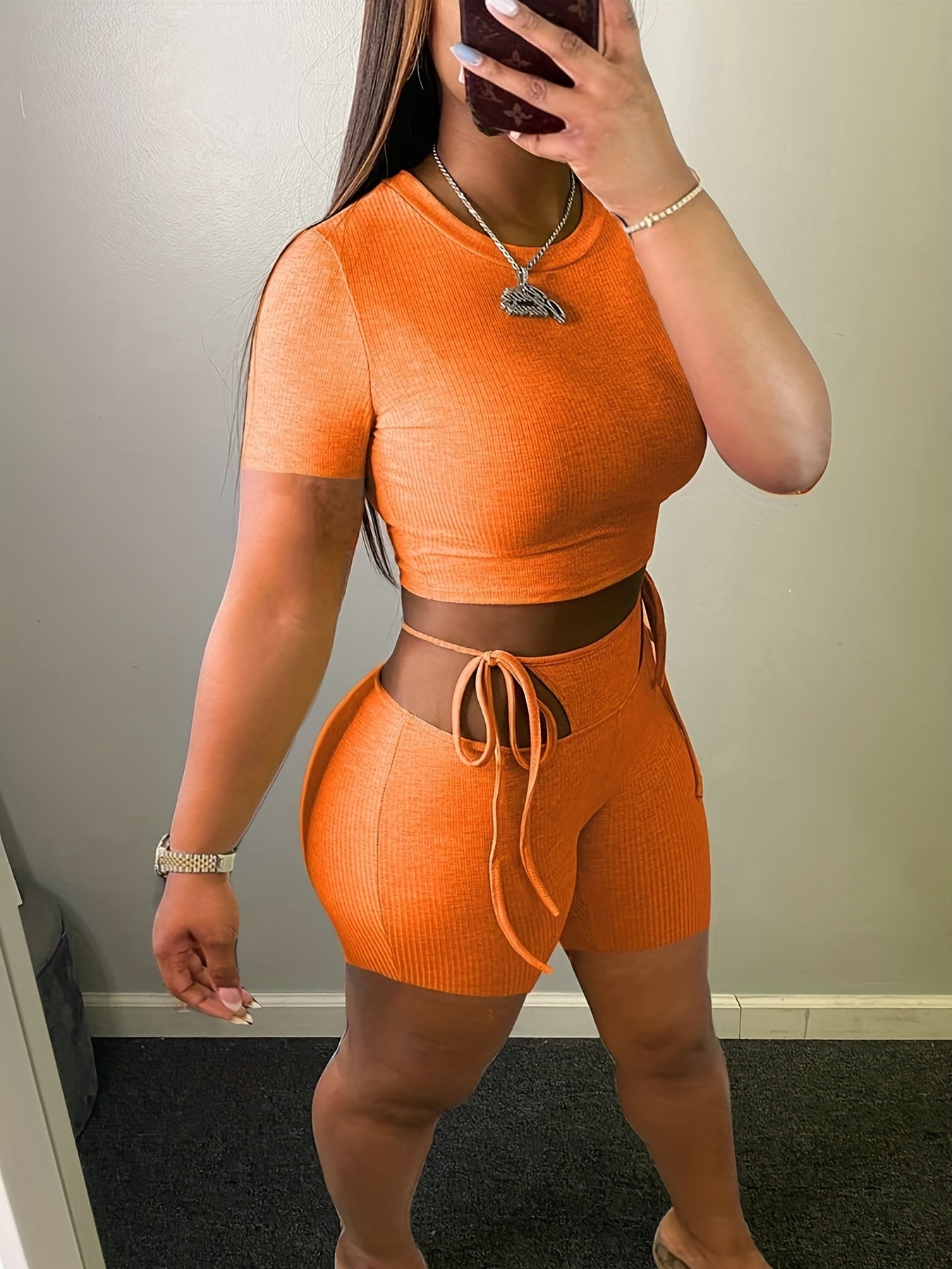  Ribbed Crop Top & Cut Out Tie Shorts Set