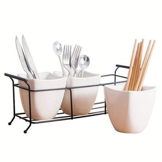 Ceramic & Fork Holder Set with Iron Frame Kitchen Storage