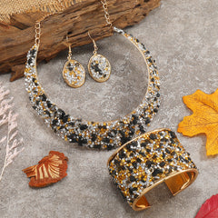 22K Plated Jewelry Set: Choker Necklace, Earrings, Bangle with Rhinestone