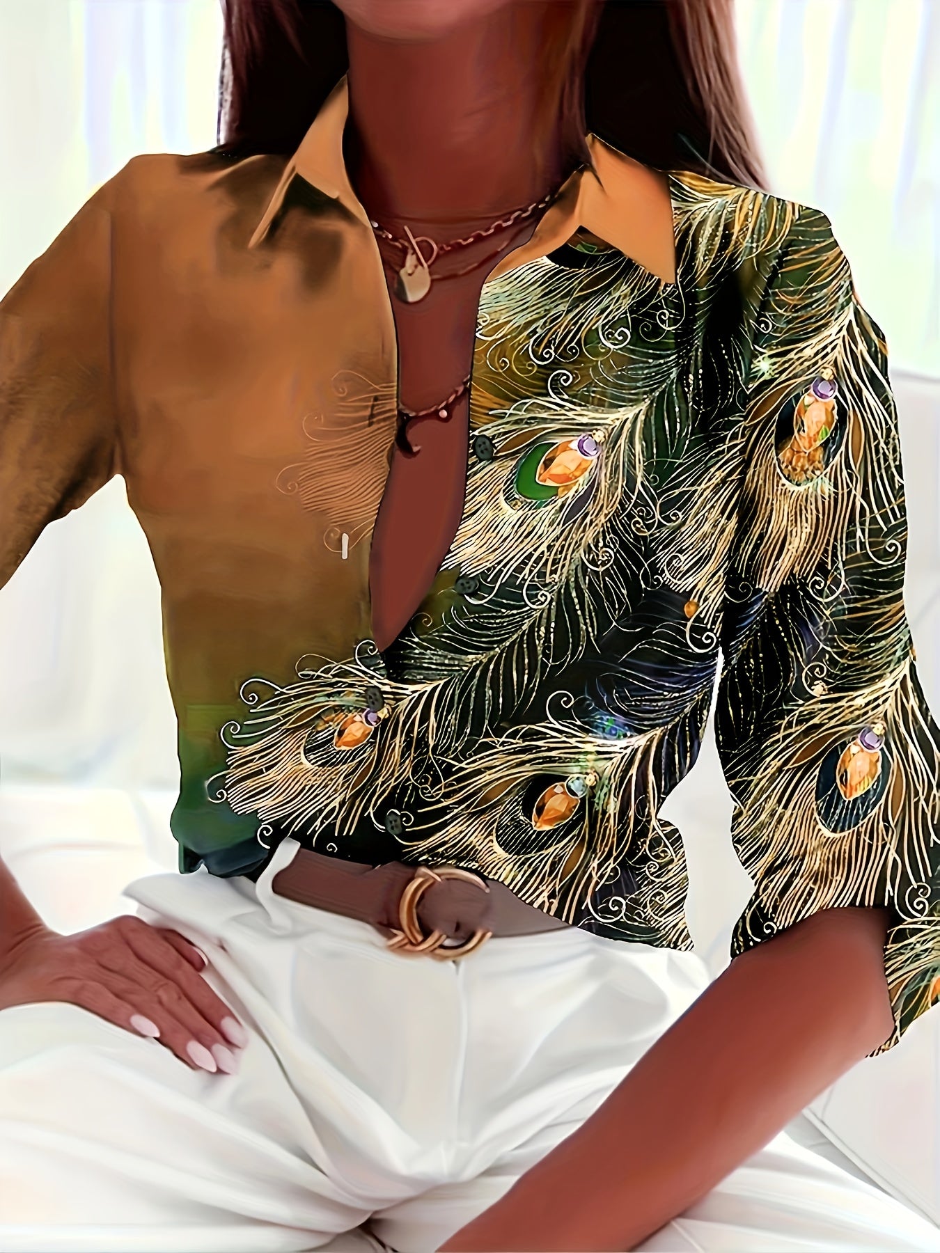  Peacock Print Button Up Long Sleeve Blouse