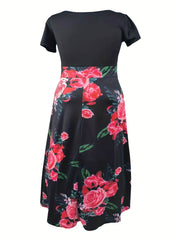  Rose Print Short Sleeve Maxi Dress