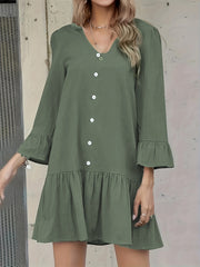  Solid Button Decor V Neck Midi Dress