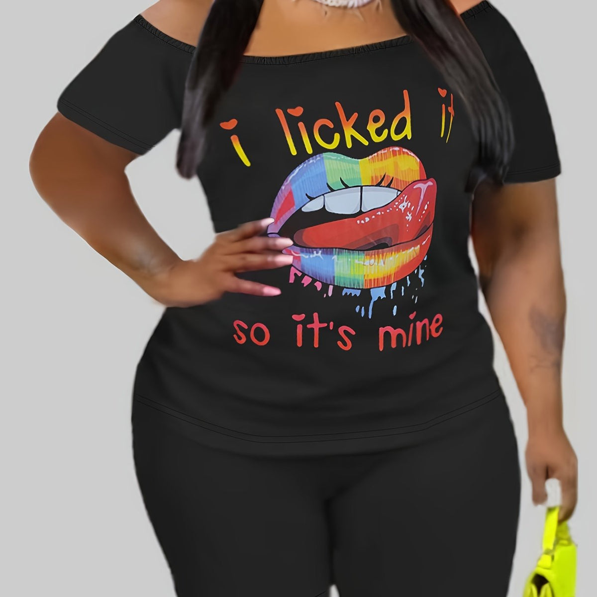 Plus Lip & Slogan Print Off Shoulder Tee & Shorts Set