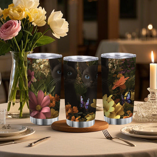 20oz Stainless Steel Tumbler Siamese Cats & Butterflies Double Wall Vacuum Insul