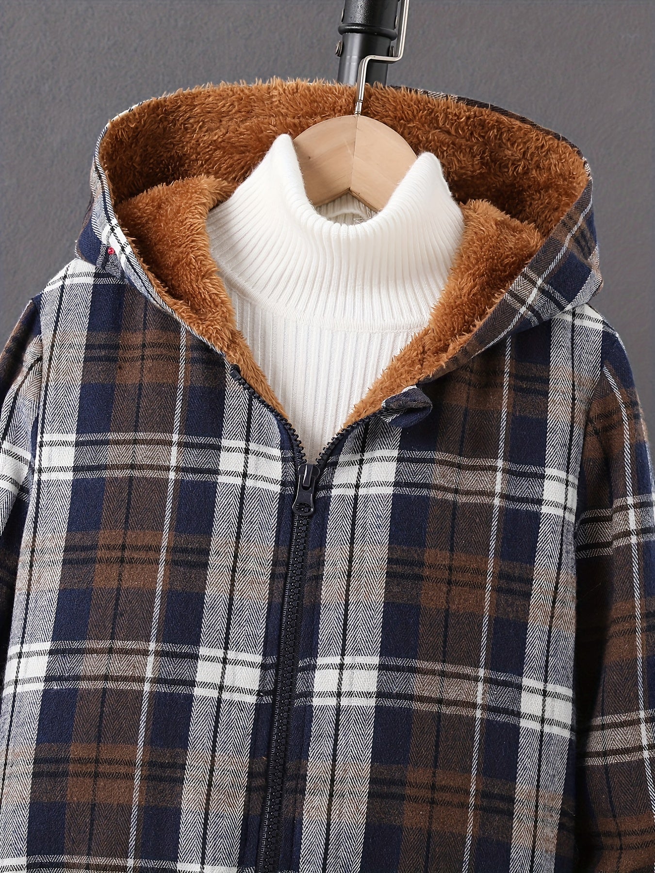 Boys Plaid Fleece Zip Up Jacket for Fall Winter