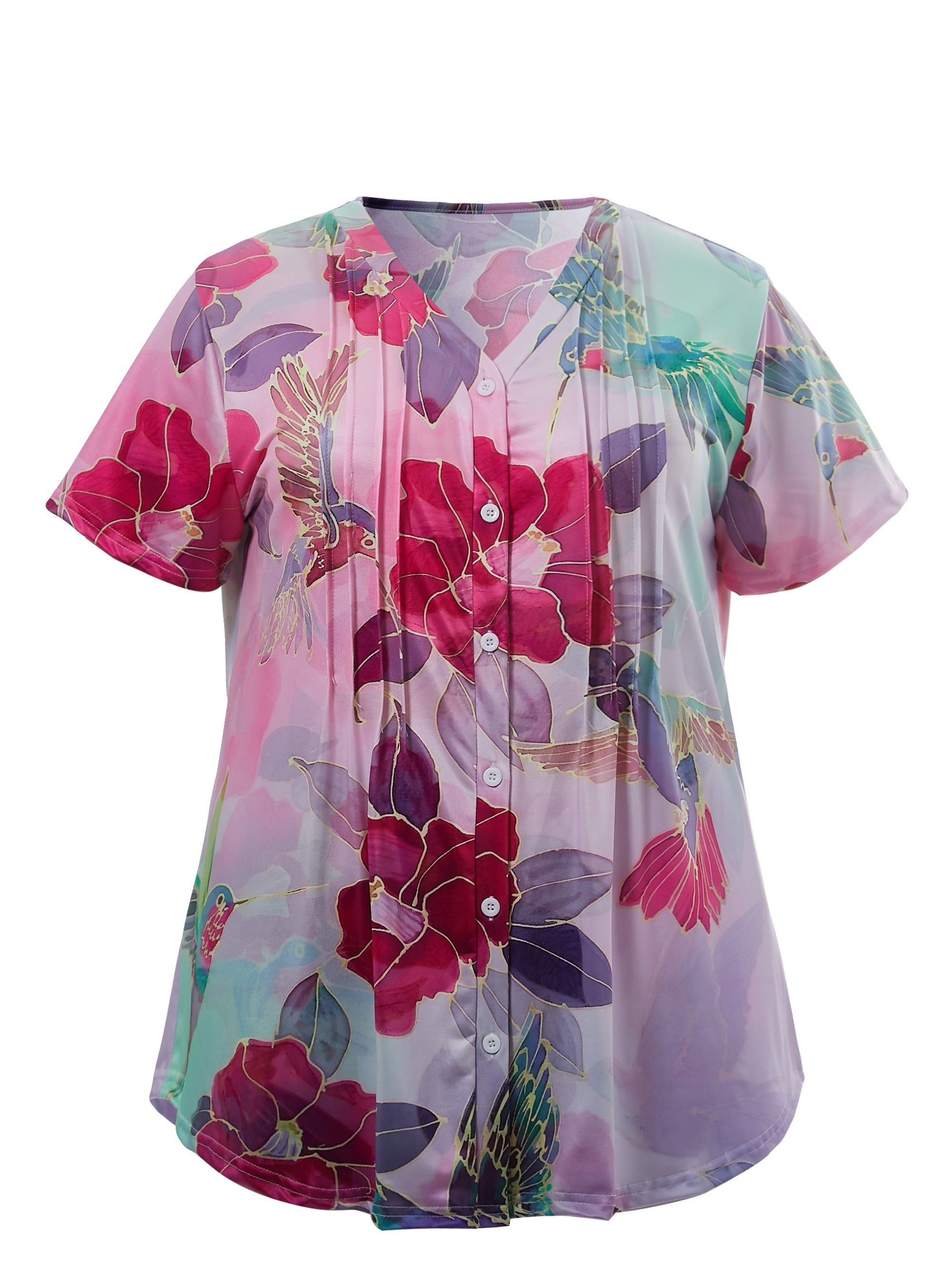  Floral Print Button Up V Neck Top