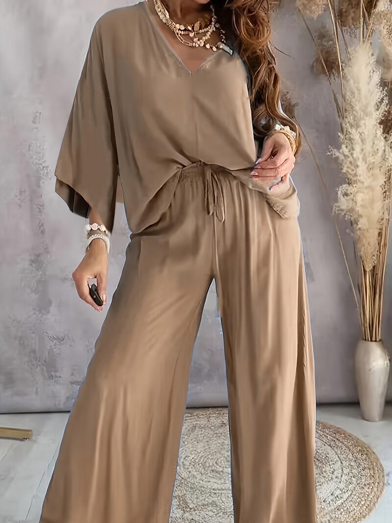  V Neck Loose Fit Top & Pants Two Piece Set