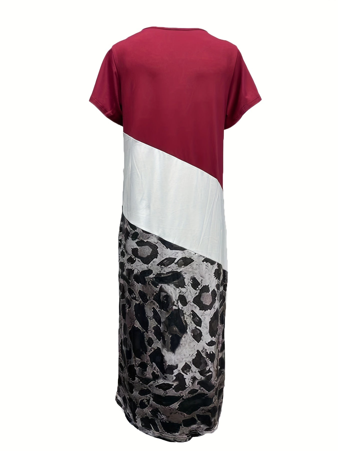  Colorblock Leopard Print Short Sleeve V Neck Tee Dress