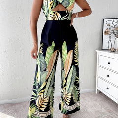 Tropical Print Suspender Jumpsuit for Women