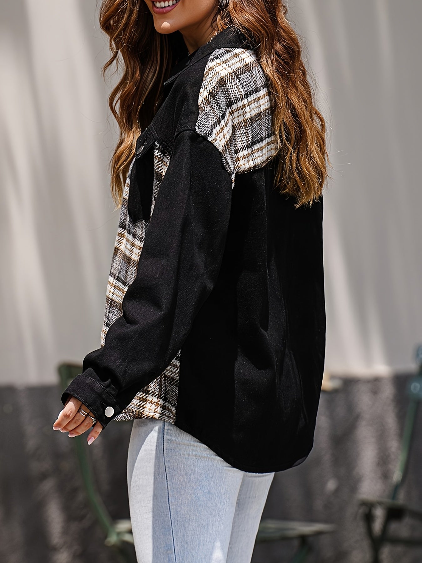 Patched Plaid Denim Jacket with Flap Pockets