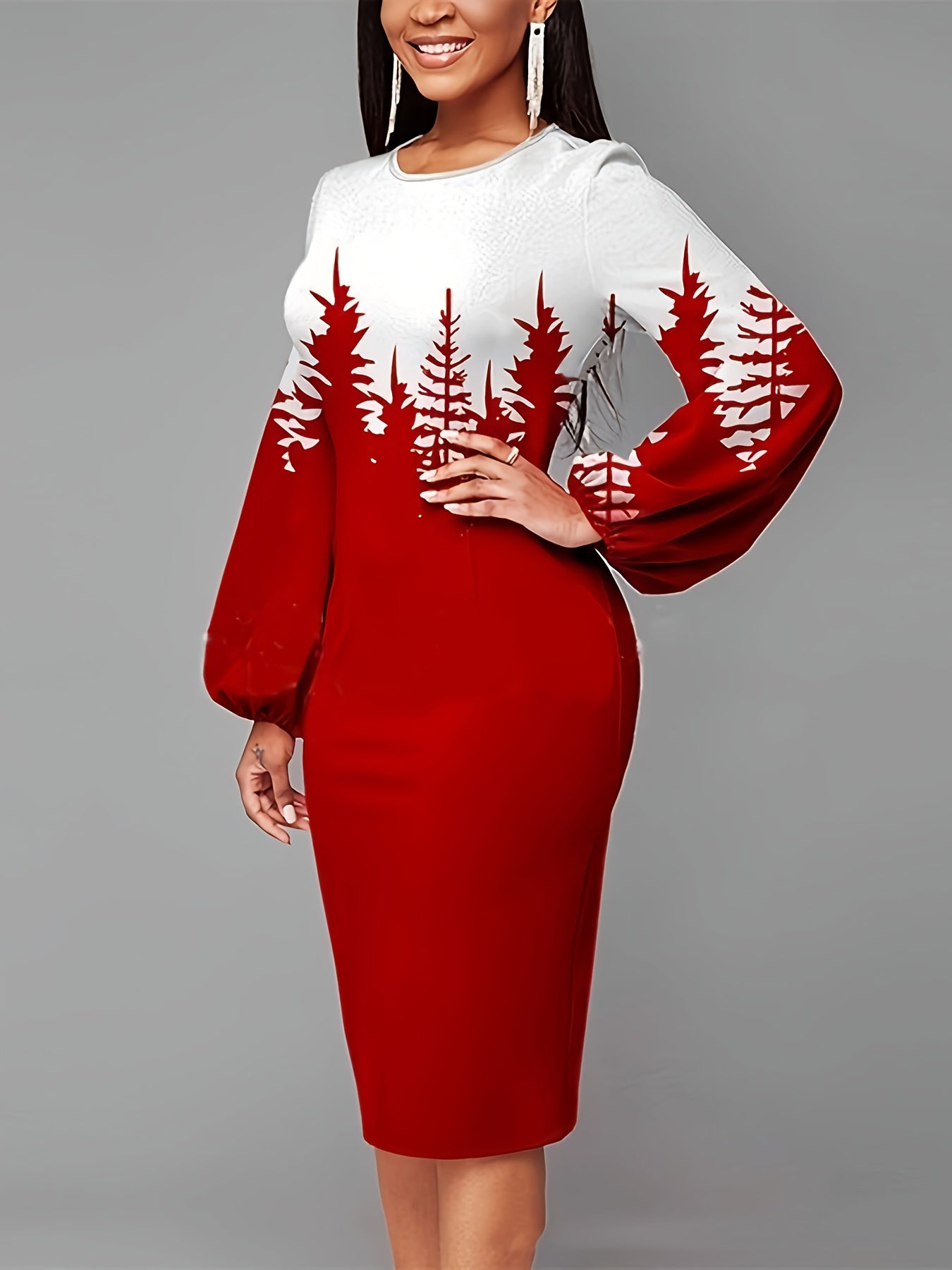  Dress Women's Plus Tree Print Lantern Sleeve Round Neck Medium Stretch