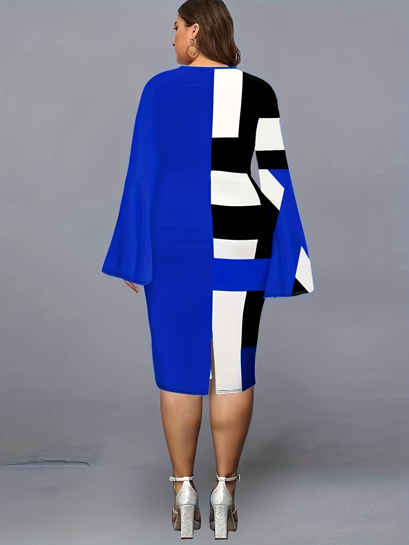  Colorblock Geometric Print Bell Sleeve V Neck Midi Dress