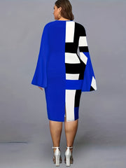  Colorblock Geometric Print Bell Sleeve V Neck Midi Dress