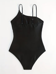  Solid Ribbed High Neck One Piece Swimsuit