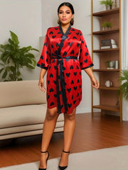  Heart Print Bathrobe Open Front Three Quarter Sleeve Belted Nightgown
