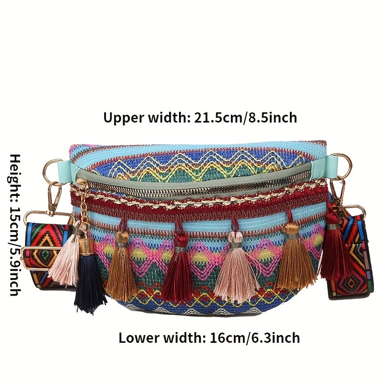 Ethnic Style Crossbody Bag Tassel Decor Canvas Chest Purse