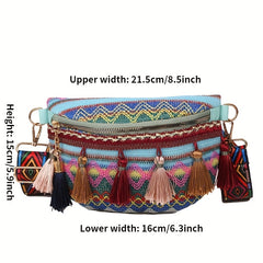 Ethnic Style Crossbody Bag Tassel Decor Canvas Chest Purse