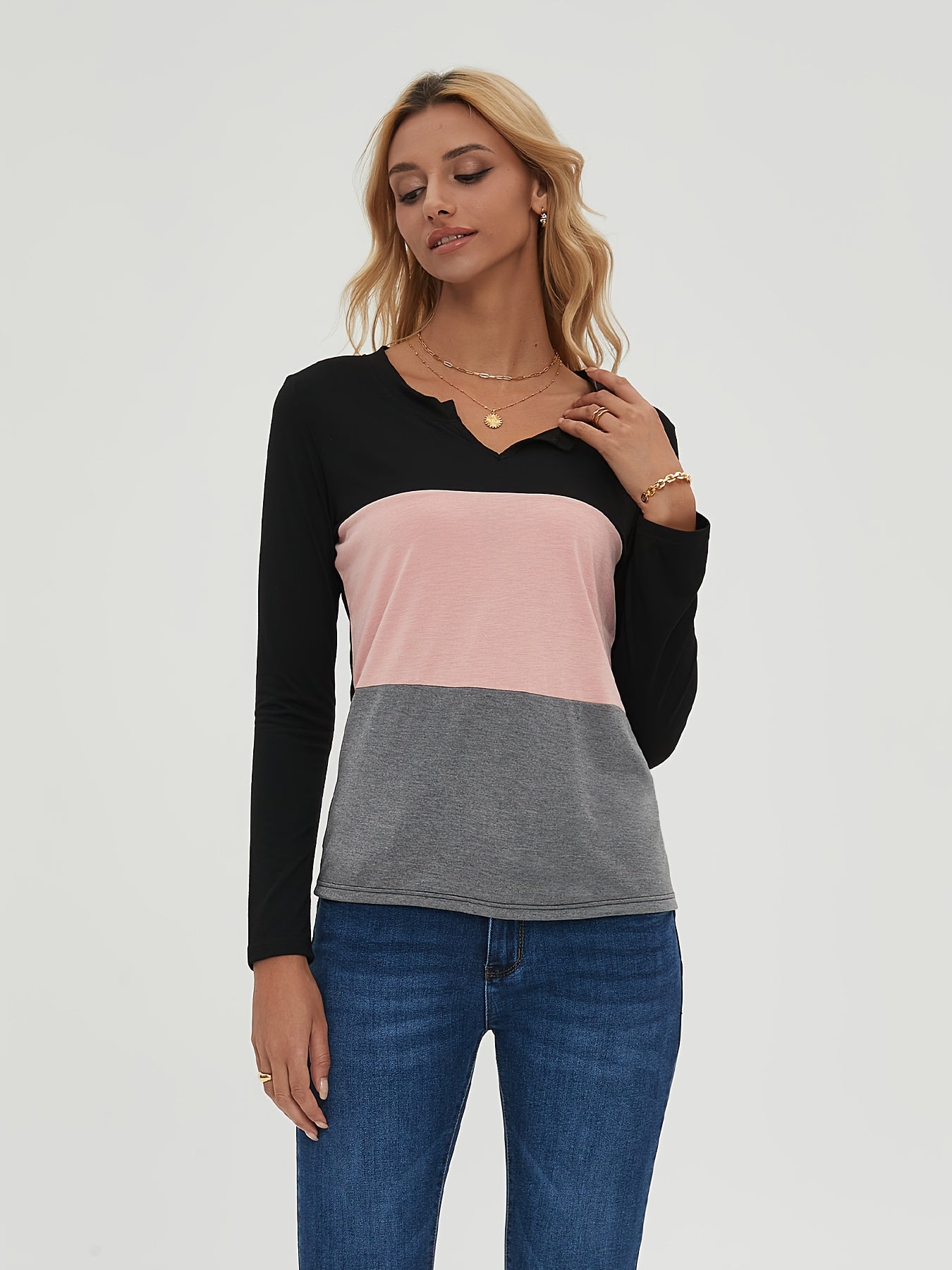 Block Long Sleeve V Neck Pullover Tops Women's Tops