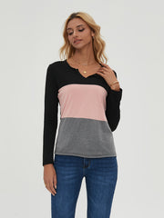 Block Long Sleeve V Neck Pullover Tops Women's Tops