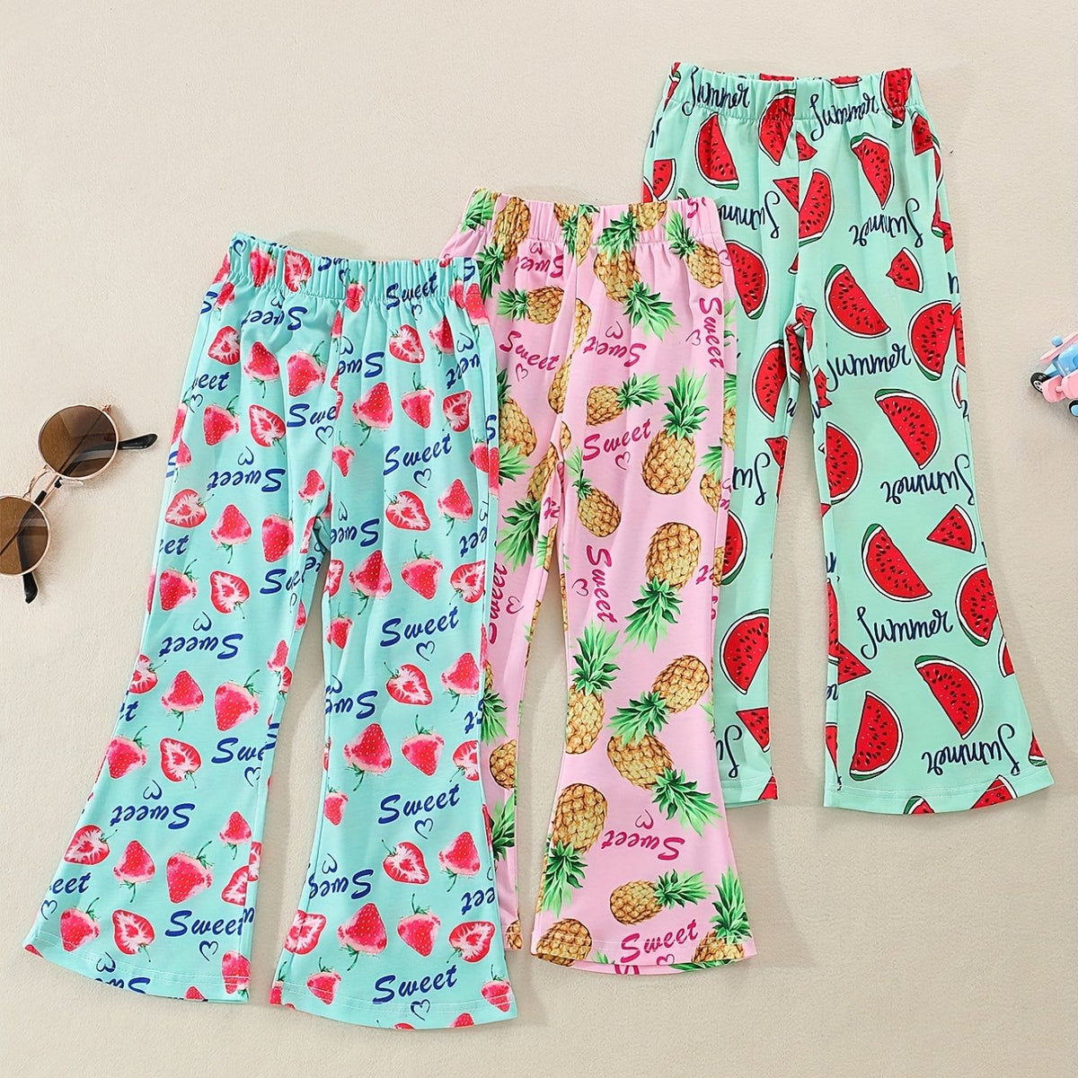 3pcs Girls Fruits Print Flared Pants Set for Kids