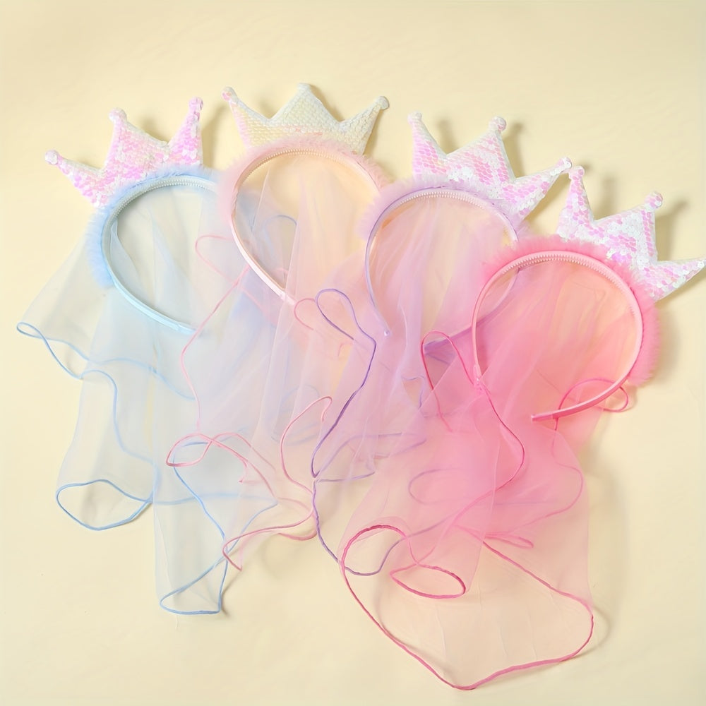 Sequin Crown Headband with Hair Veil for Kids Girls Headdress