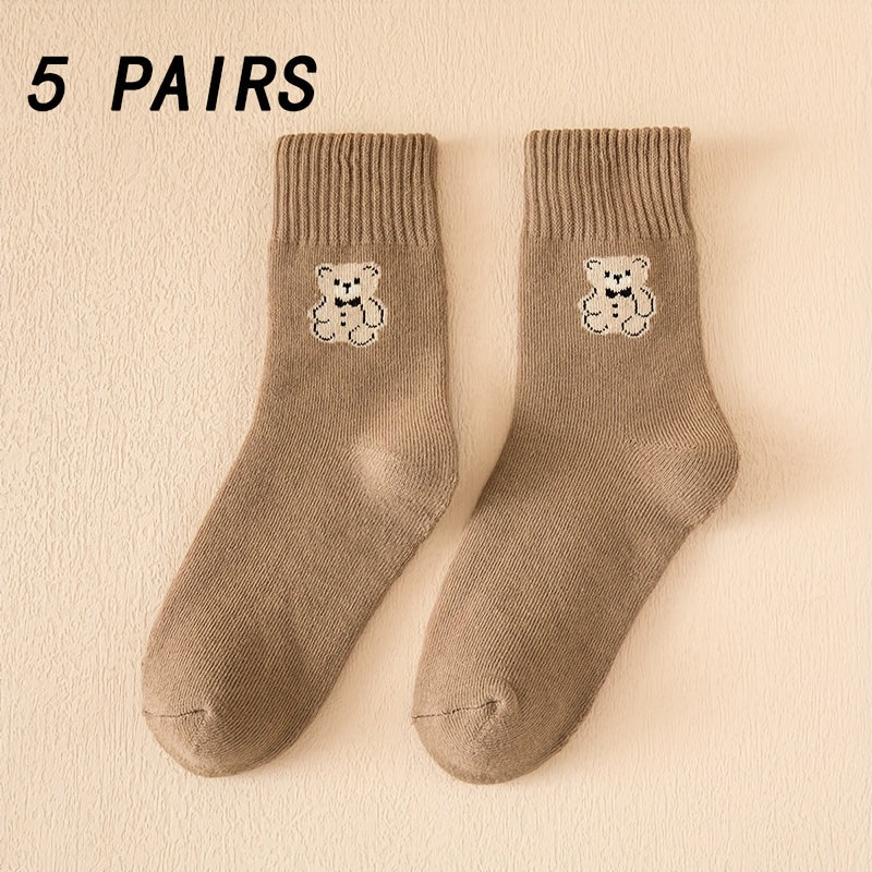 5 Pairs Bear Print Socks Comfy Mid Tube Women's Stockings