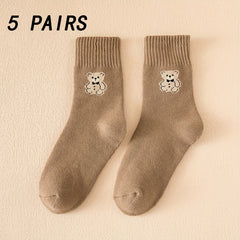 5 Pairs Bear Print Socks Comfy Mid Tube Women's Stockings