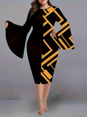  Colorblock Geometric Print Bell Sleeve Midi Dress