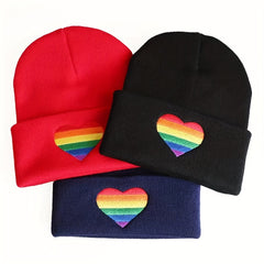 LGBT Rainbow Heart Beanie Hat Gay Pride Love Is Love Embroidered Unisex