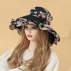 Chiffon Ruffles Floral Bucket Hat Wide Brim Sunscreen Fisherman Cap
