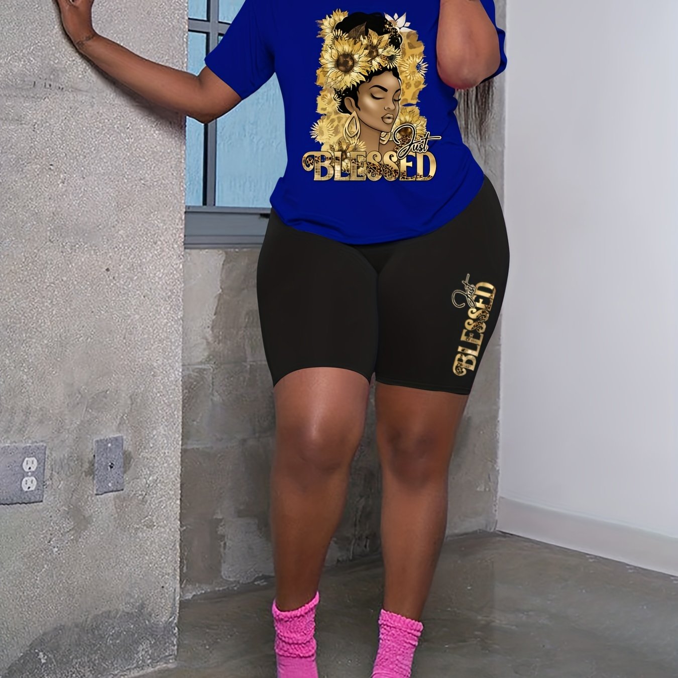 Flower Print Tee & Shorts Plus Size Set