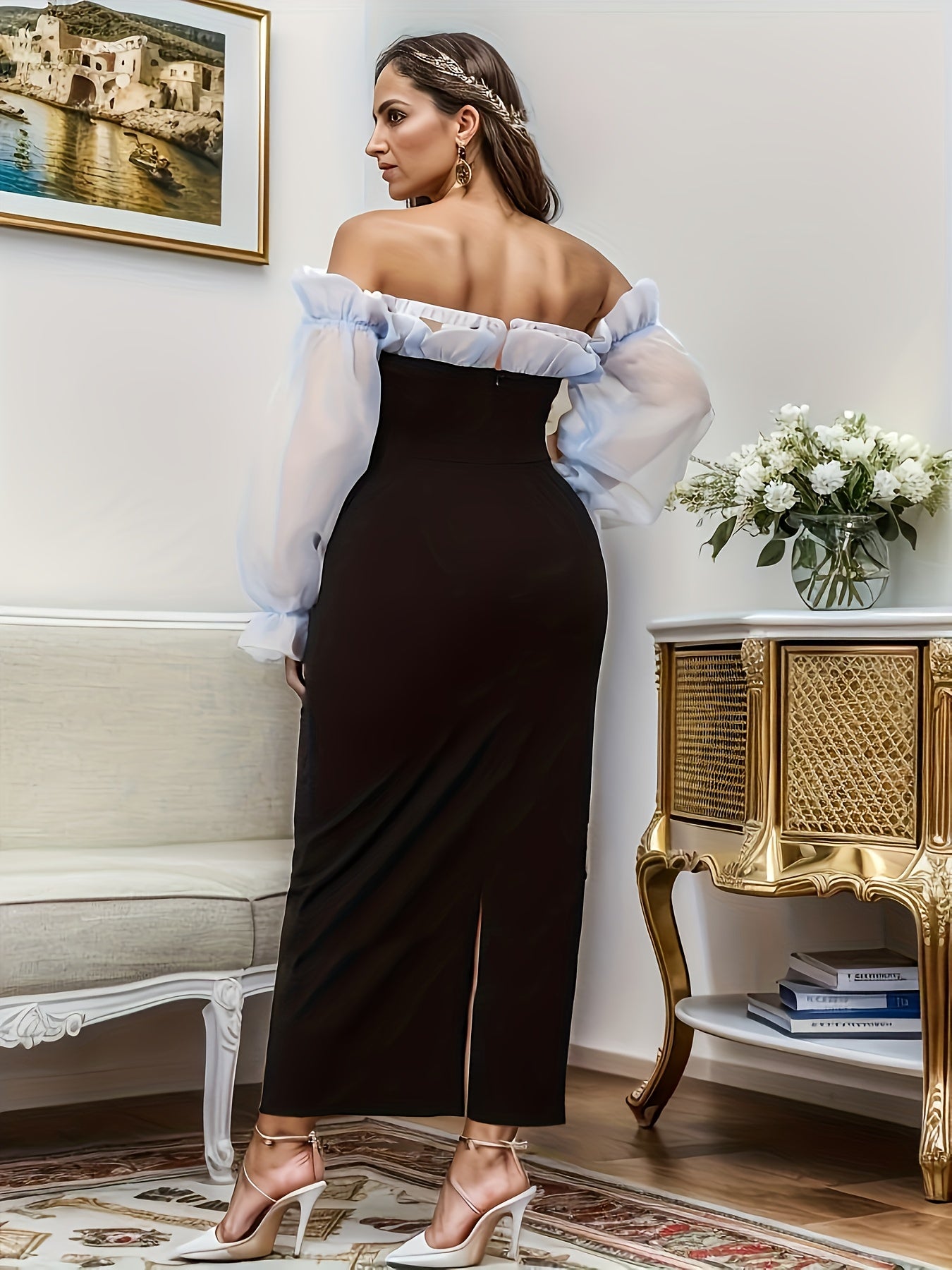  Colorblock Mesh Sleeve Off Shoulder Maxi Dress
