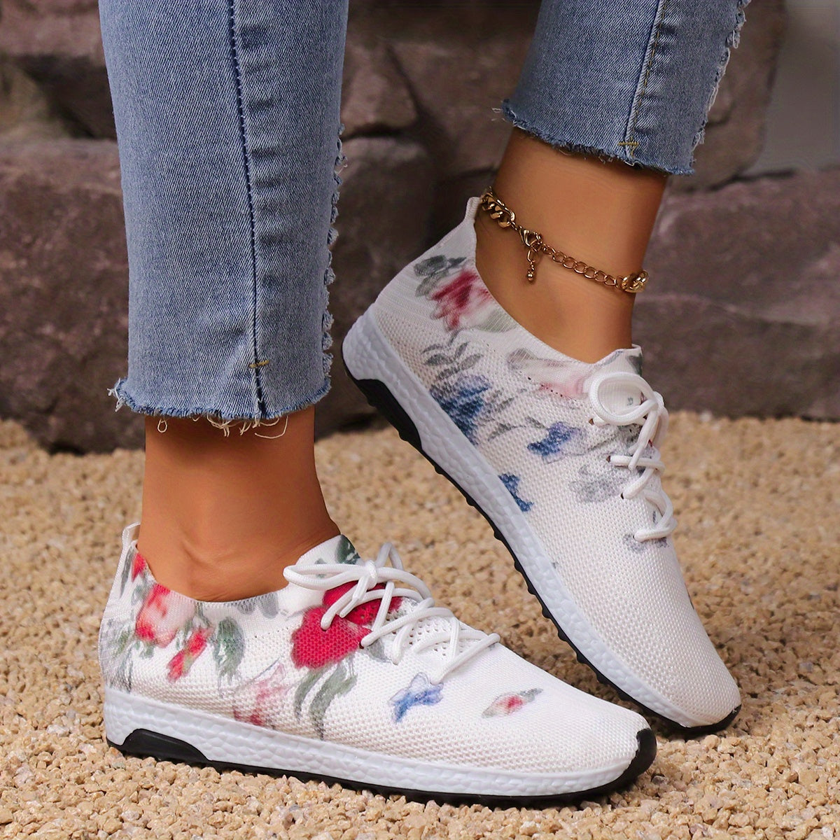 Women's Floral Print Lace Up Sneakers Non slip Walking Shoes