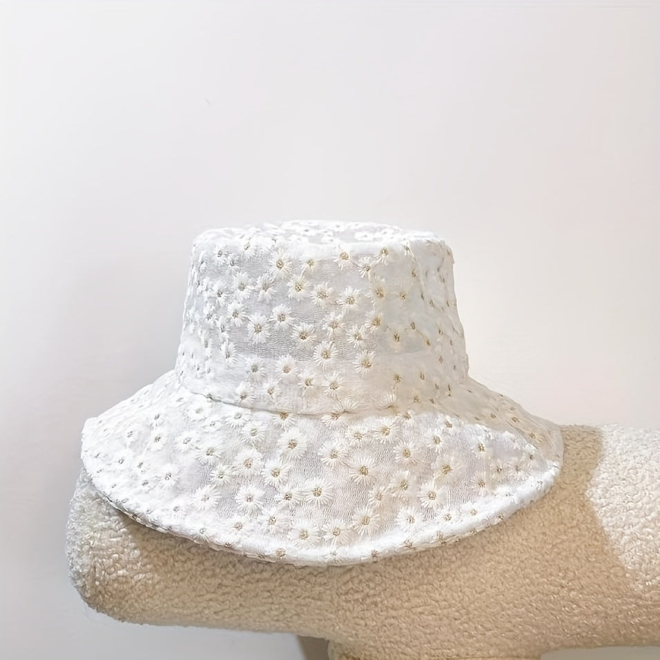Mesh Lace Flower Embroidery Fisherman Hat for Women