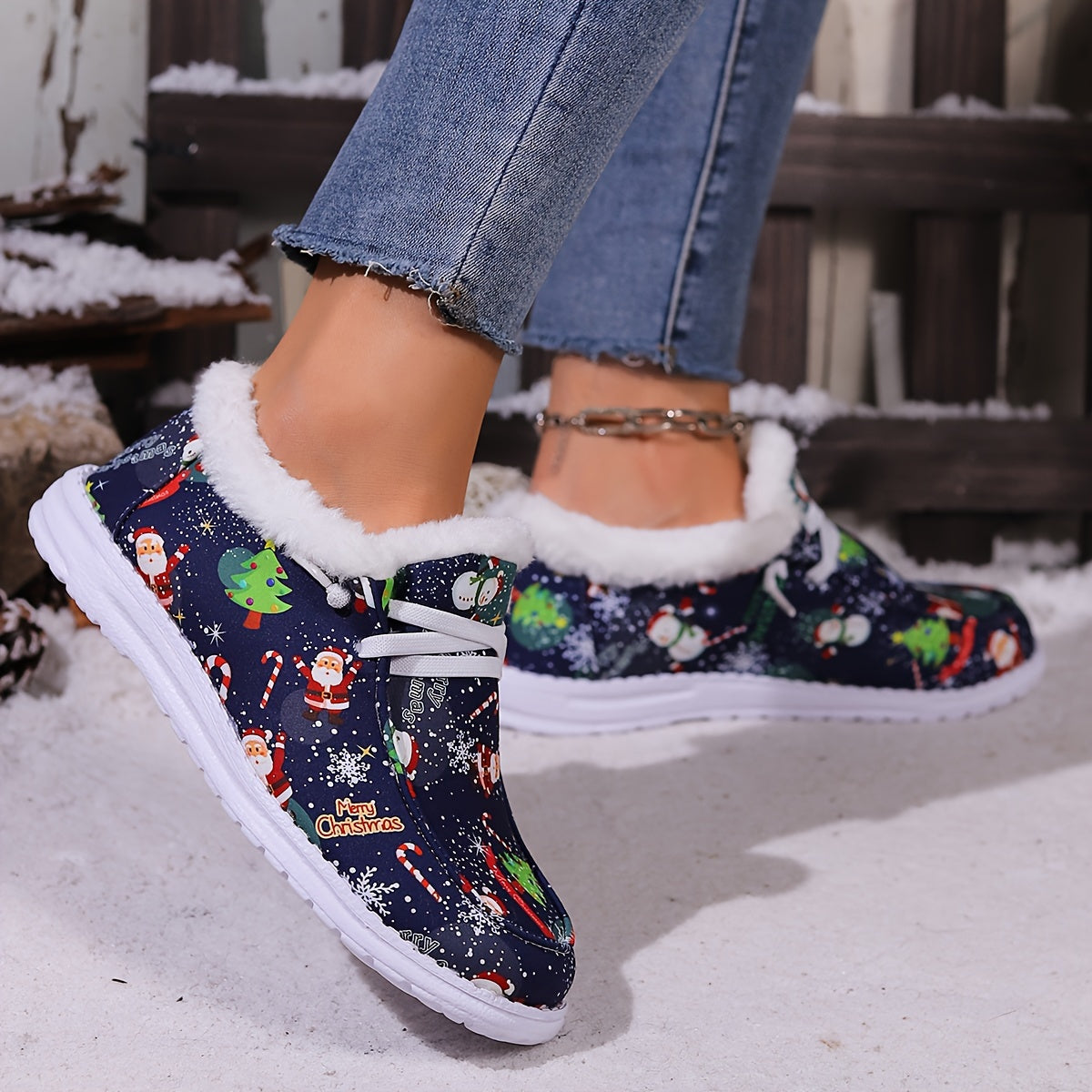 Women's Winter Christmas Snow Boots with Snowflakes Snowmen Santa Claus Pattern