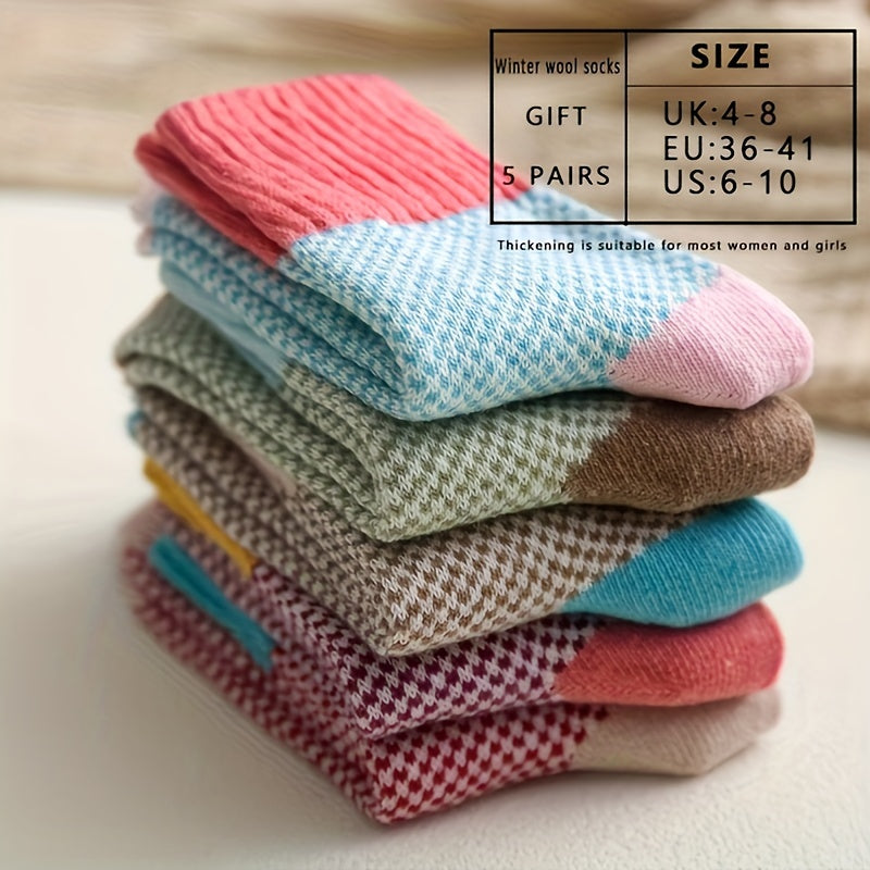 5 Pairs Colorblock Crew Socks Soft Mid Tube Women's Stockings