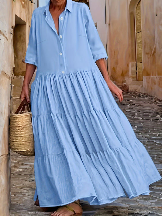  Long Sleeve Button Up Collar Maxi Dress