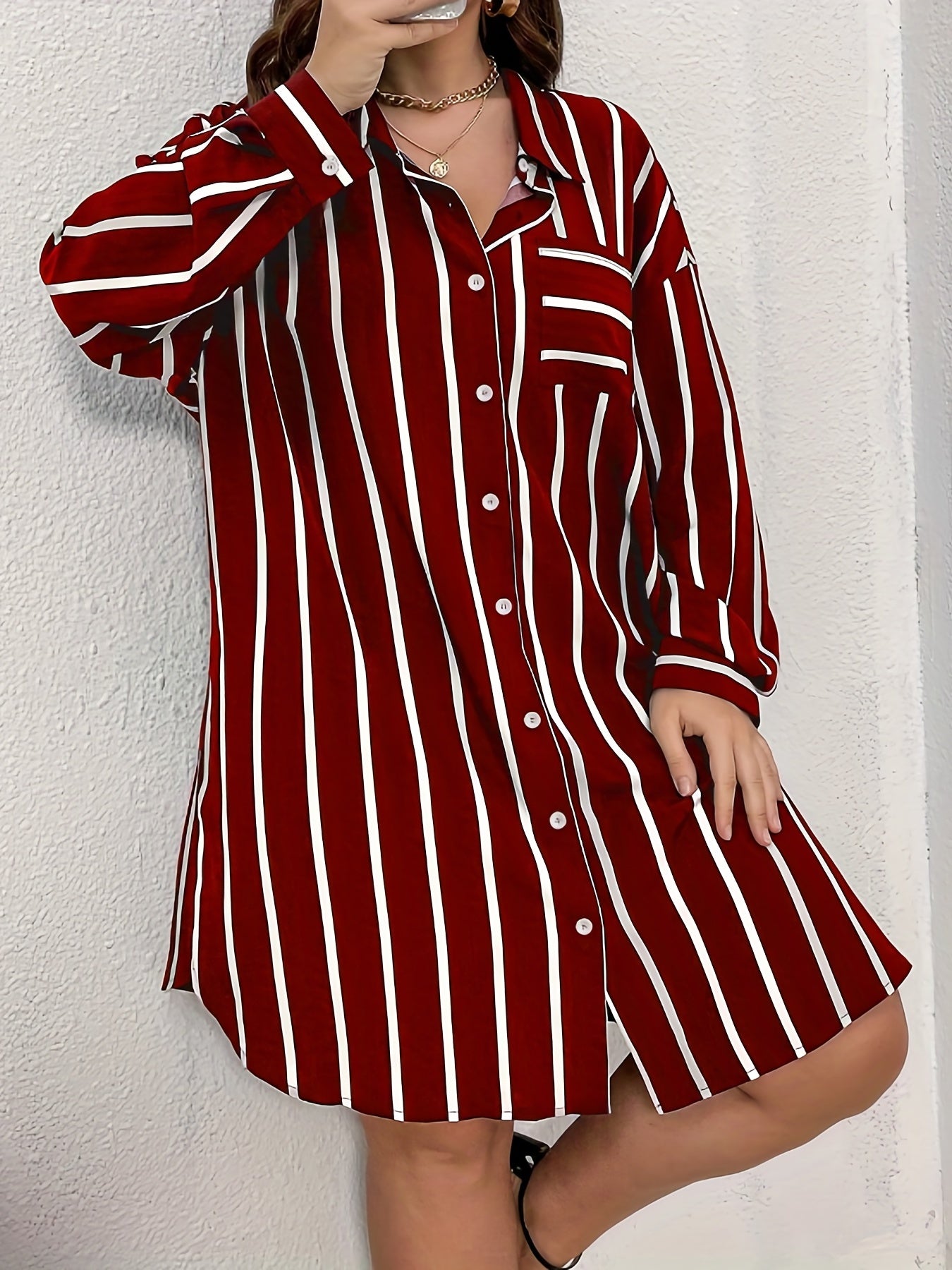  Stripe Print Button Up Long Sleeve Shirt Dress