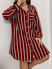  Stripe Print Button Up Long Sleeve Shirt Dress