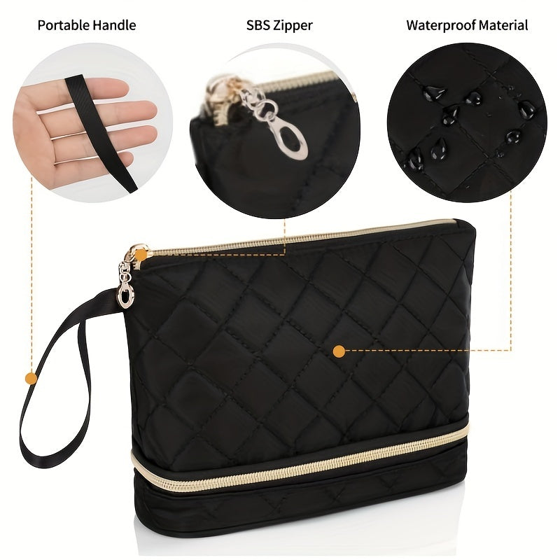 Quilted Cosmetic Bag Double Layer Makeup Brush Organizer Travel Toiletry Storage