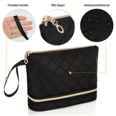 Quilted Cosmetic Bag Double Layer Makeup Brush Organizer Travel Toiletry Storage